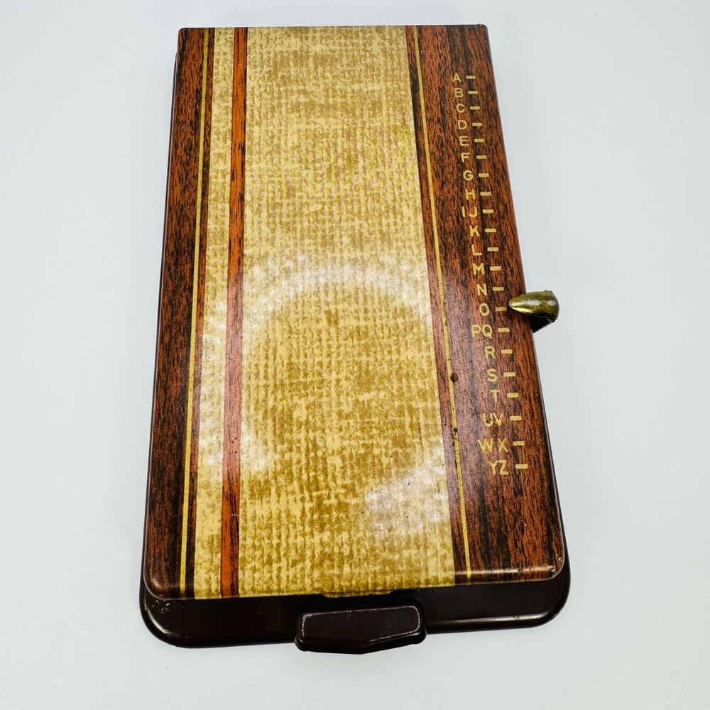 VTG Bates Woodgrain Listfinder Address Phone Book Metal Flip Up Missing Pages